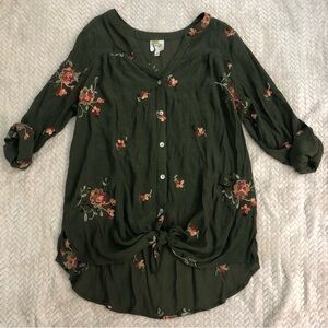 Fig And Flower Anthropologie 1X Olive Tie Front Embroidered Top Roll Tab Sleeves